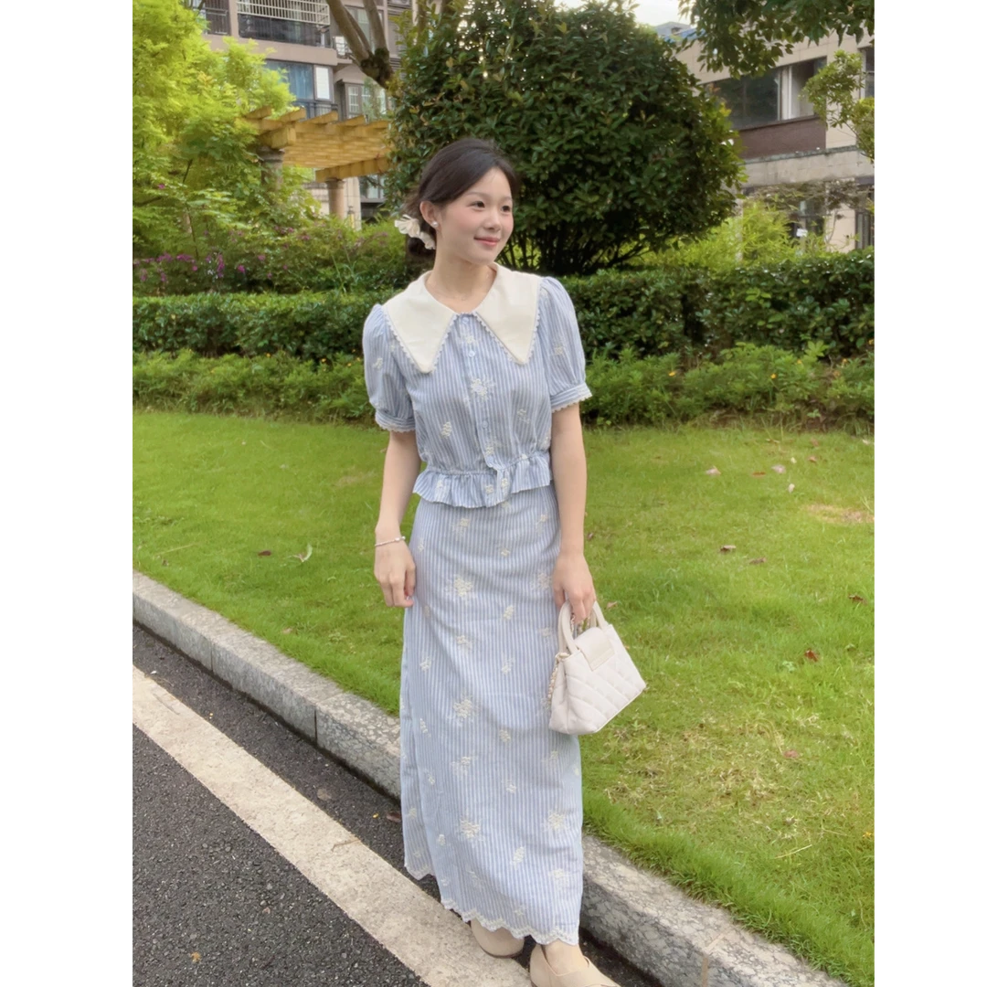 【现货】夏日穿搭一整套3134独特漂亮蓝色条纹娃娃领衬衫半身裙套装