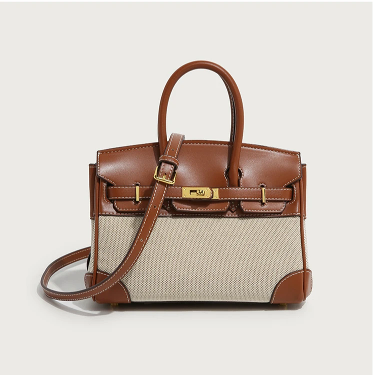 【丹姐】真皮时尚女包百搭手提包单肩斜挎-1498麻布棕色