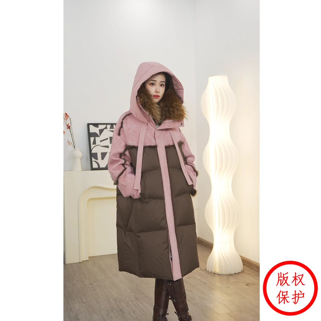 2024秋冬新款皮草大衣设计皮毛一体貉子毛领白鹅绒服女皮草外套