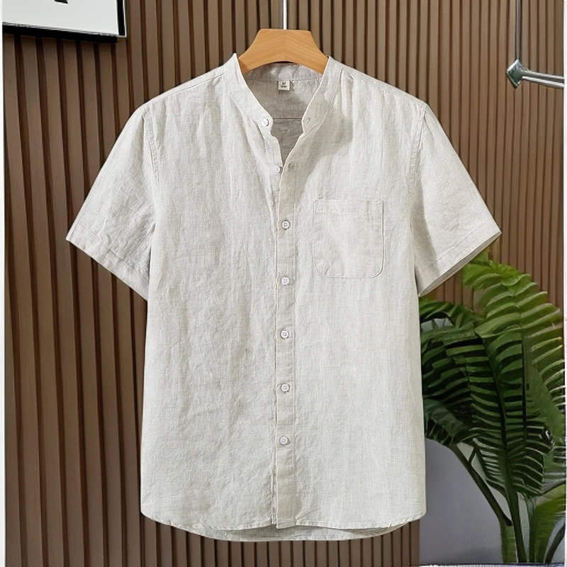 中式纯亚麻立领衬衫2025夏季新款男士麻料舒适透气复古短袖上衣