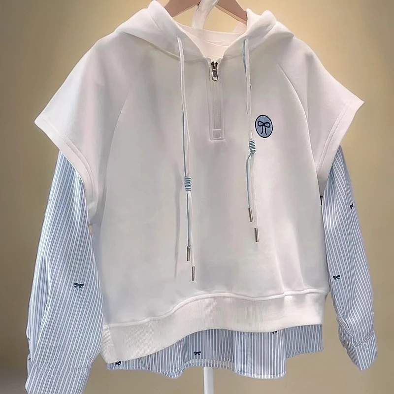 女童假两件连帽卫衣春秋2025新款儿童条纹衬衫拼接上衣时髦洋气潮