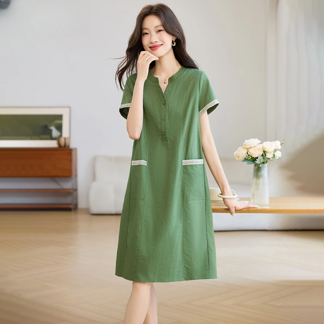 大码女装棉麻连衣裙夏季2025新款妈妈宽松休闲胖mm遮肚子显瘦裙子