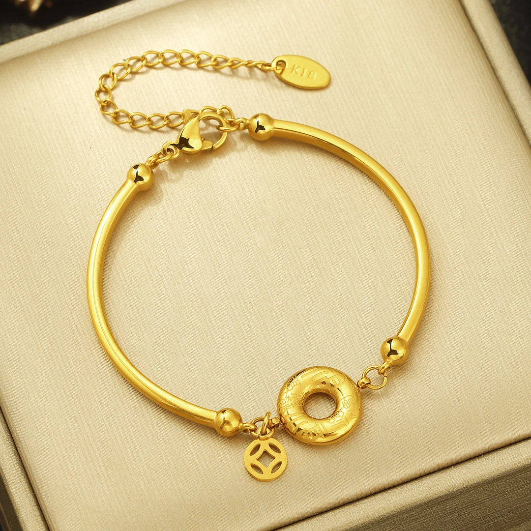 钛钢手链 简约弯管平安扣钱多多手链女中式风设计手环高级感首饰