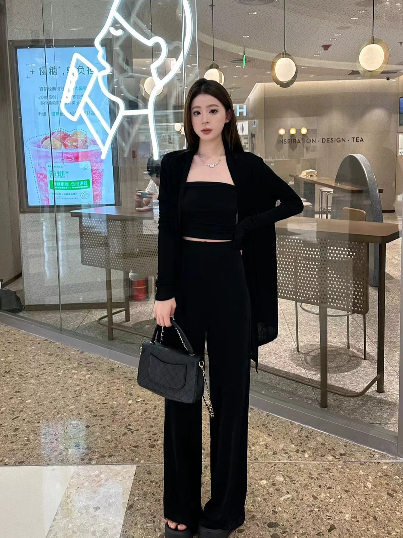 【雯雯】夏秋三件套抹胸防晒开衫阔腿裤露肩针织气质薄款-230582