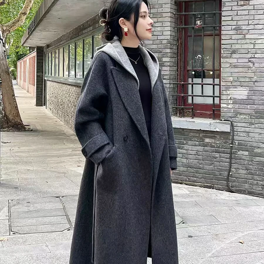 编码361-365毛呢外套宽松双排扣时尚连帽中长款韩版