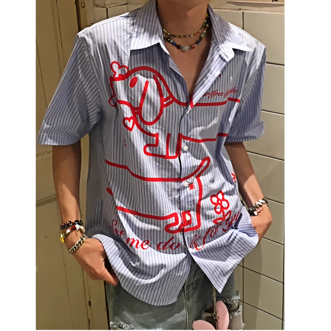 腊肠狗印花条纹衬衫男短袖夏季慵懒美式小众趣味宽松情侣休闲外套