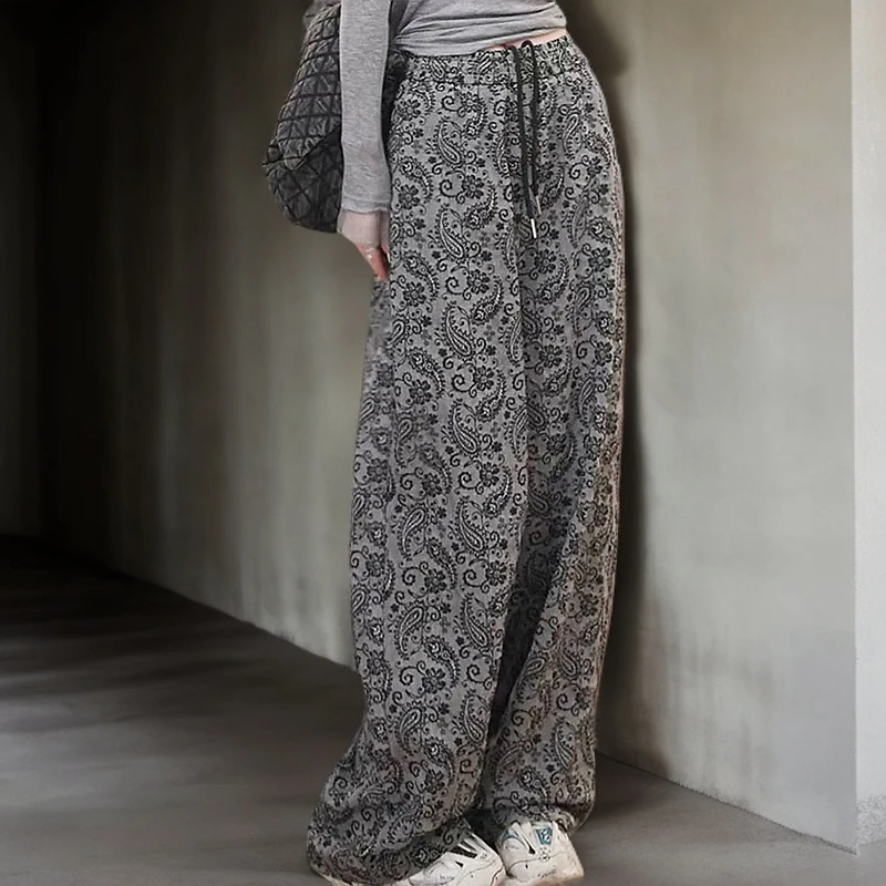 复古印花休闲裤女夏季新款松紧腰显瘦气质时髦洋气百搭直筒阔腿裤