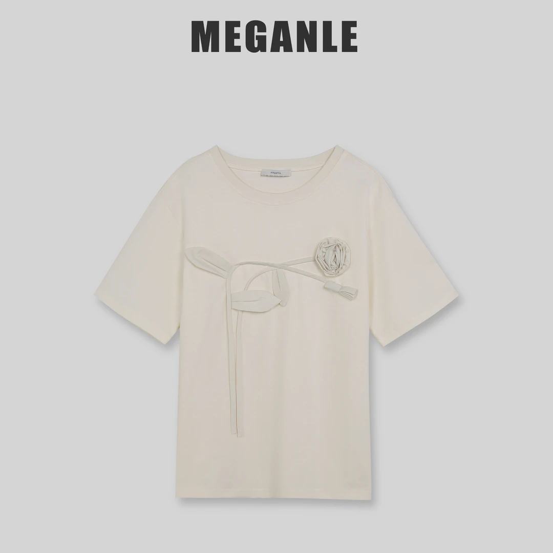 【花艺】MEGANLE 玫瑰立体手工花朵百搭短袖T恤2024218