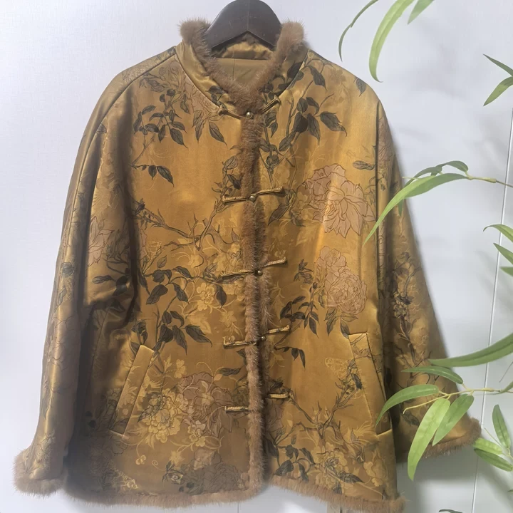 青娘子香云纱重锻提花花萝新中式复古短款秋冬棉服242439