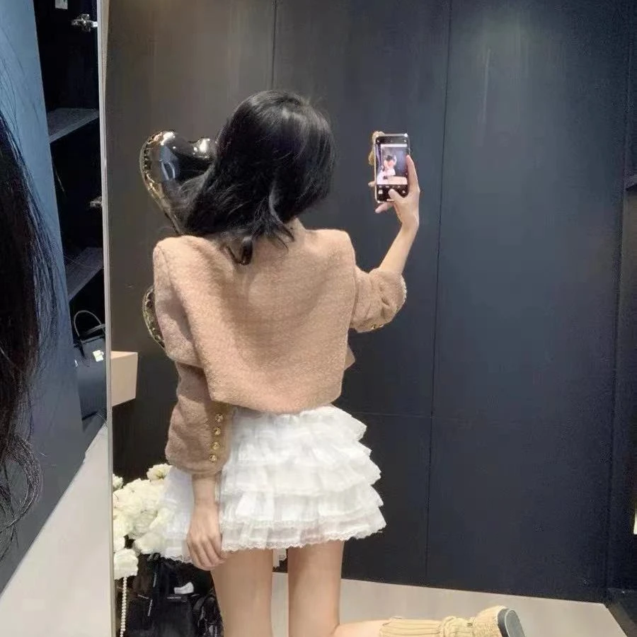 白色法式蕾丝拼接蛋糕短裙女春秋季高腰a字蕾丝半身裙