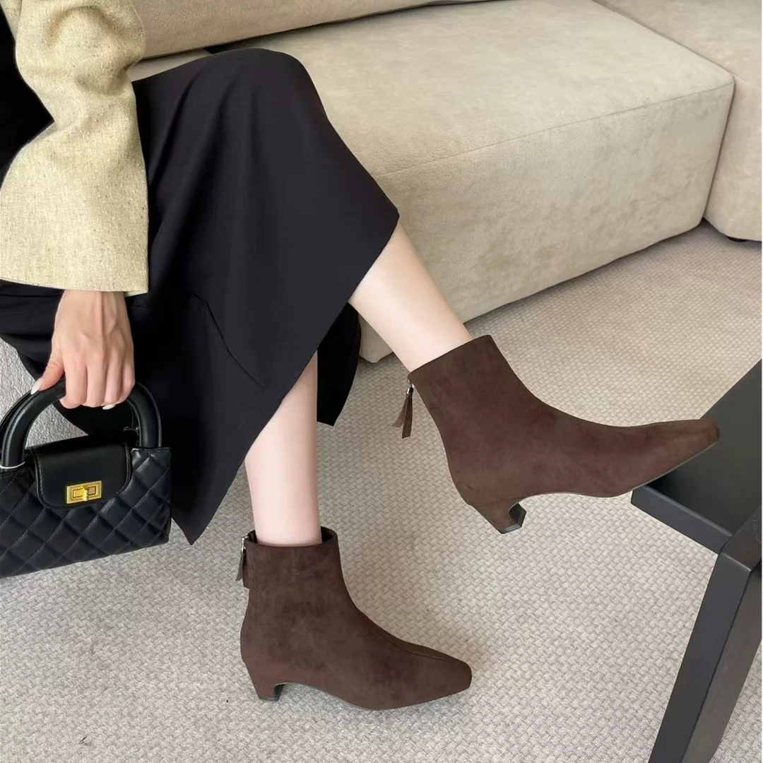 JIUER韩系复古方头绒面百搭粗低跟瘦瘦靴