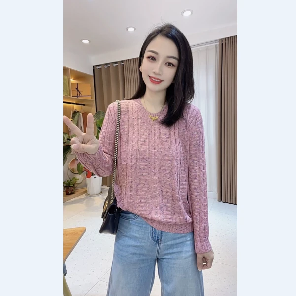 【星空幻彩】秋季新款宽松长袖气质时尚圆领麻花套头针织衫打底上衣