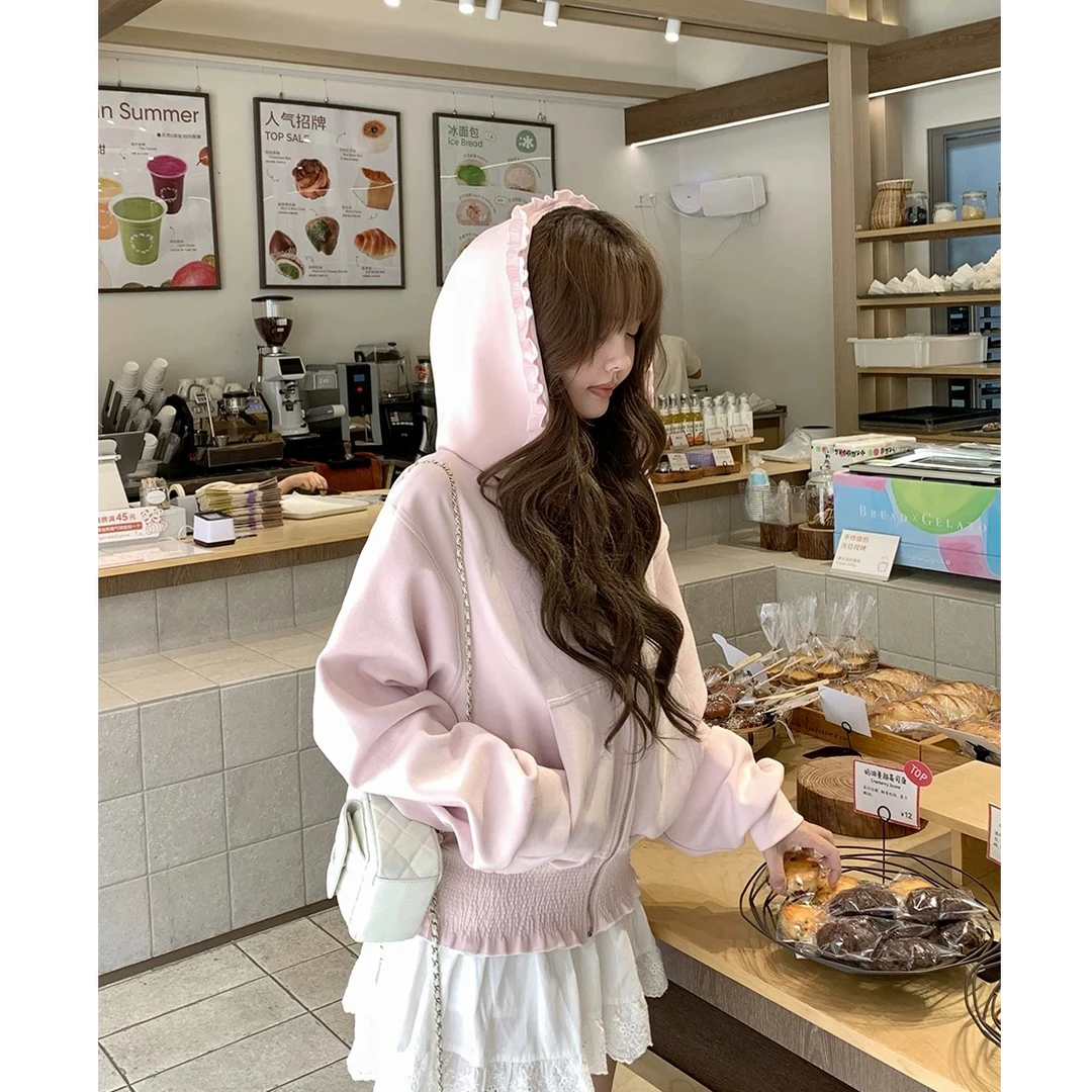 木耳边连帽短款宽松外套L1326