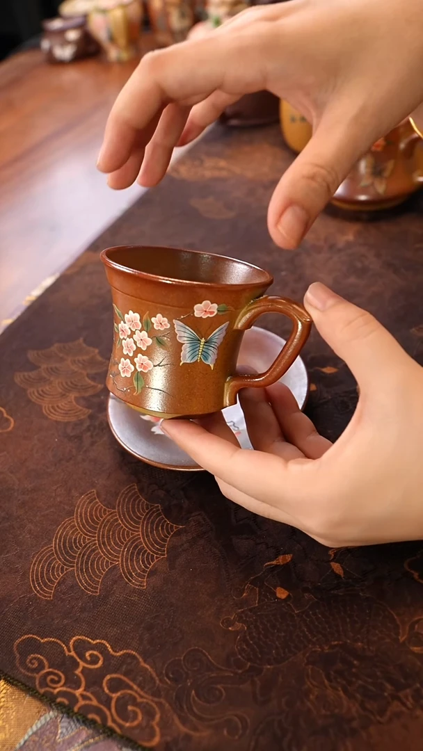 茶壶紫砂桃花把手杯