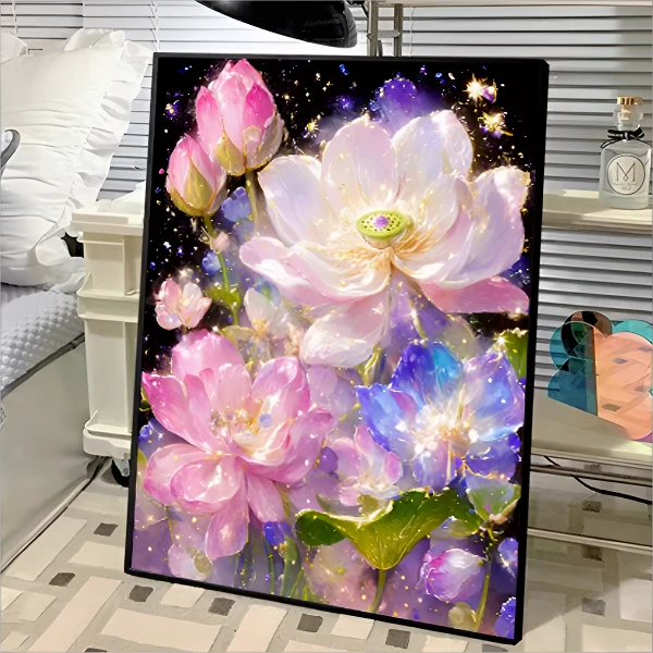 右羲-彩色荷花炫彩AB钻DIY钻石画40*50