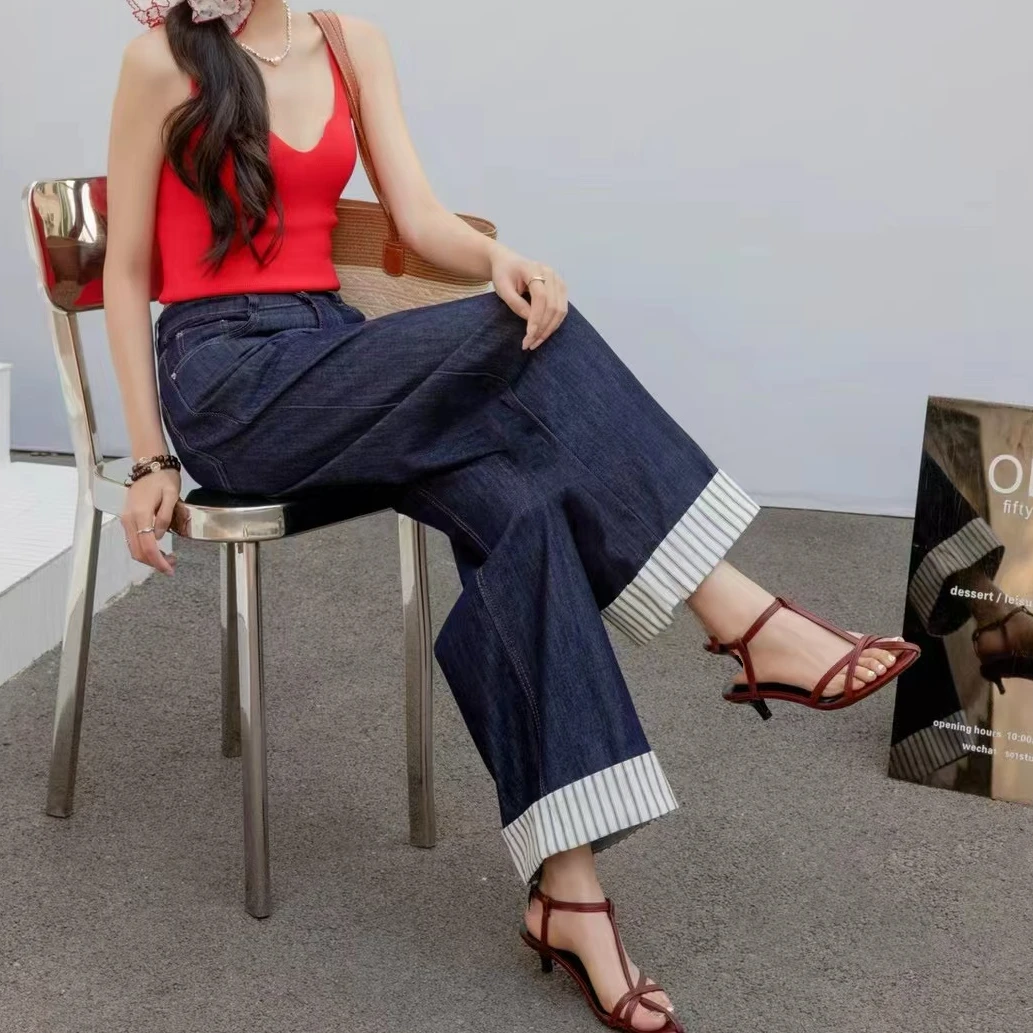 小施家夏季时尚百搭微阔腿九分薄牛仔裤99661