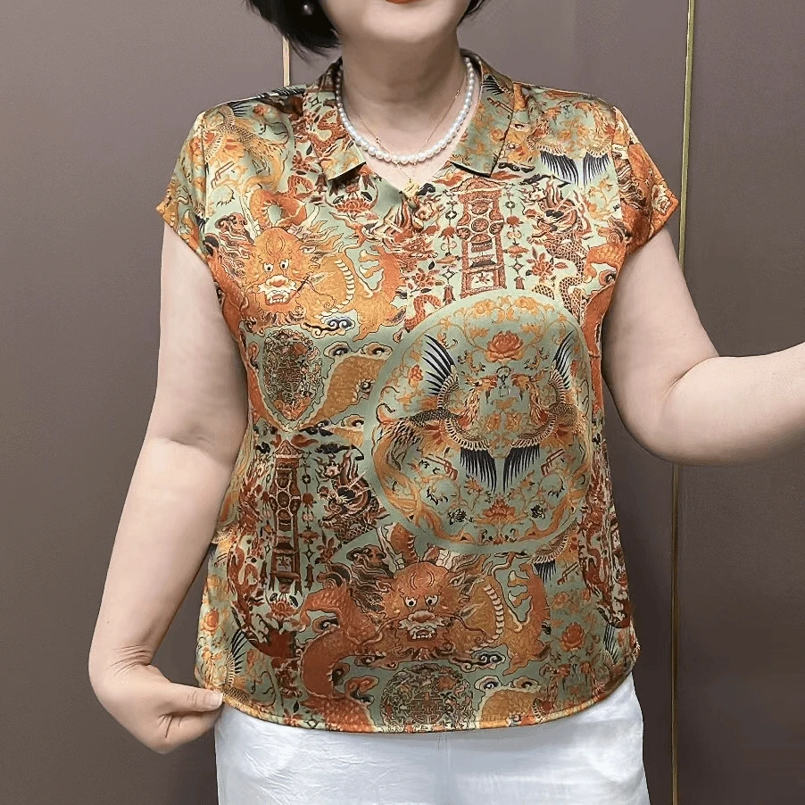 夏季网红爆款新中式龙凤呈祥印花富贵复古气质百搭显瘦遮肉妈妈装