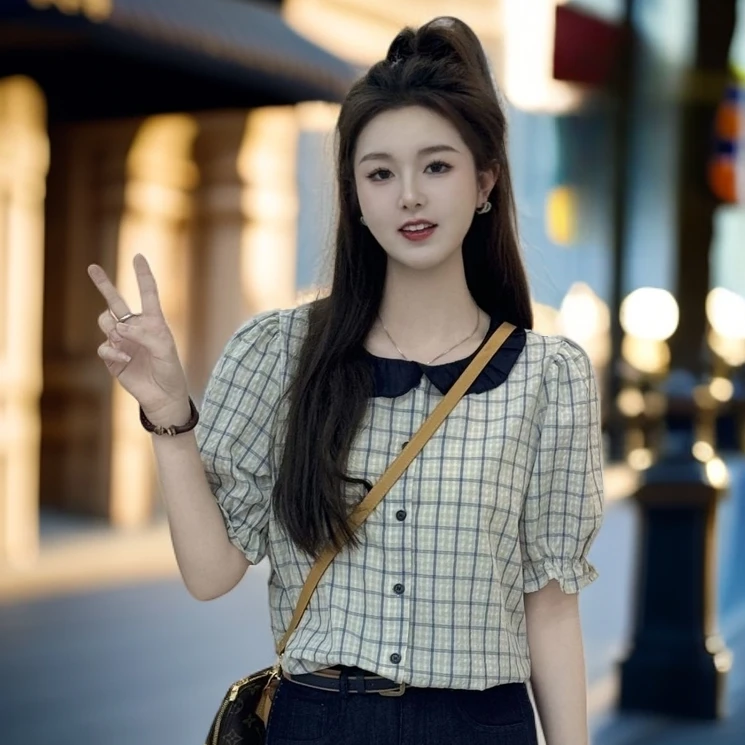 宿慕SUMU格子短袖女2025新款夏季经典文艺范娃娃领衬衫女装6302L