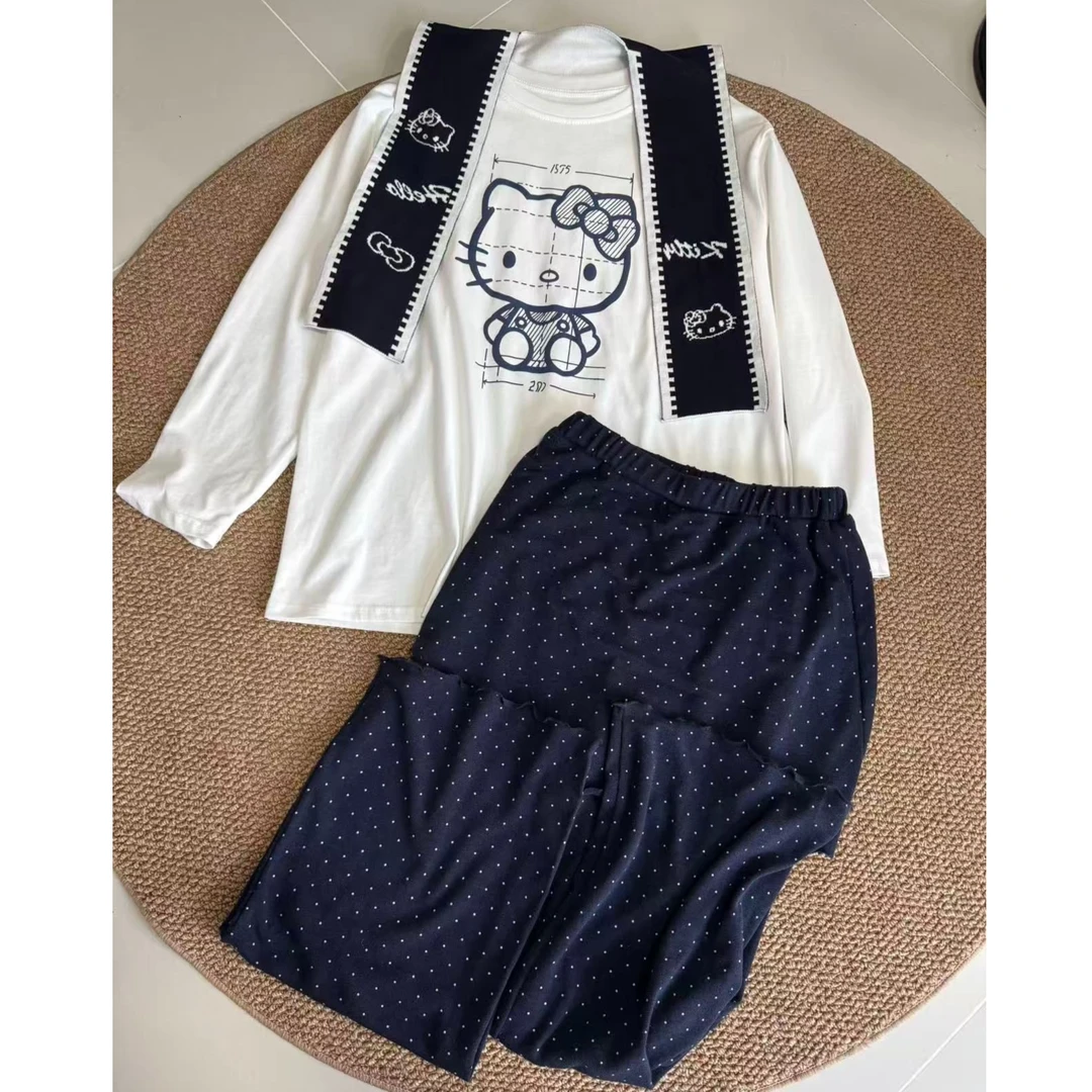 （送披肩）美式洋气小众趣味Kitty短袖t恤夏宽松显瘦上衣裤子三件套