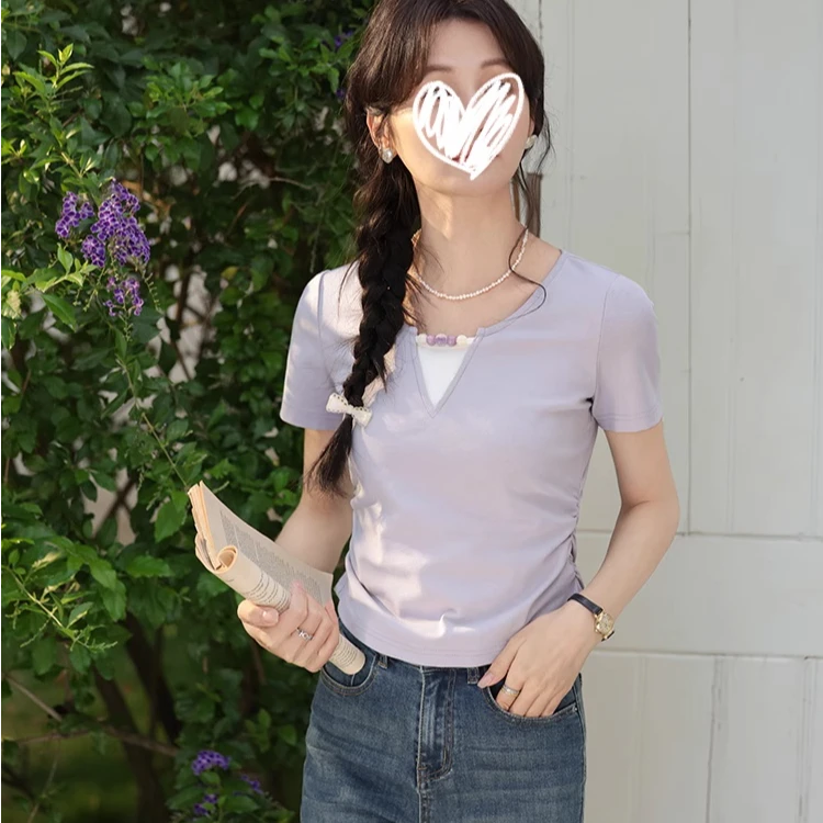紫色不规则圆领短袖T恤女夏季2025新款设计感正肩显瘦上衣潮