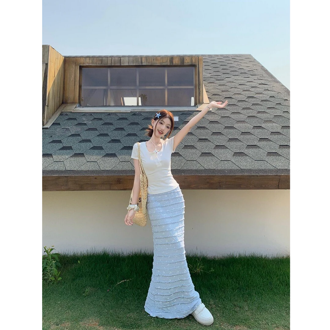 夏季套装女2025新款纯欲甜辣妹修身短袖T恤设计感高腰蛋糕半身裙