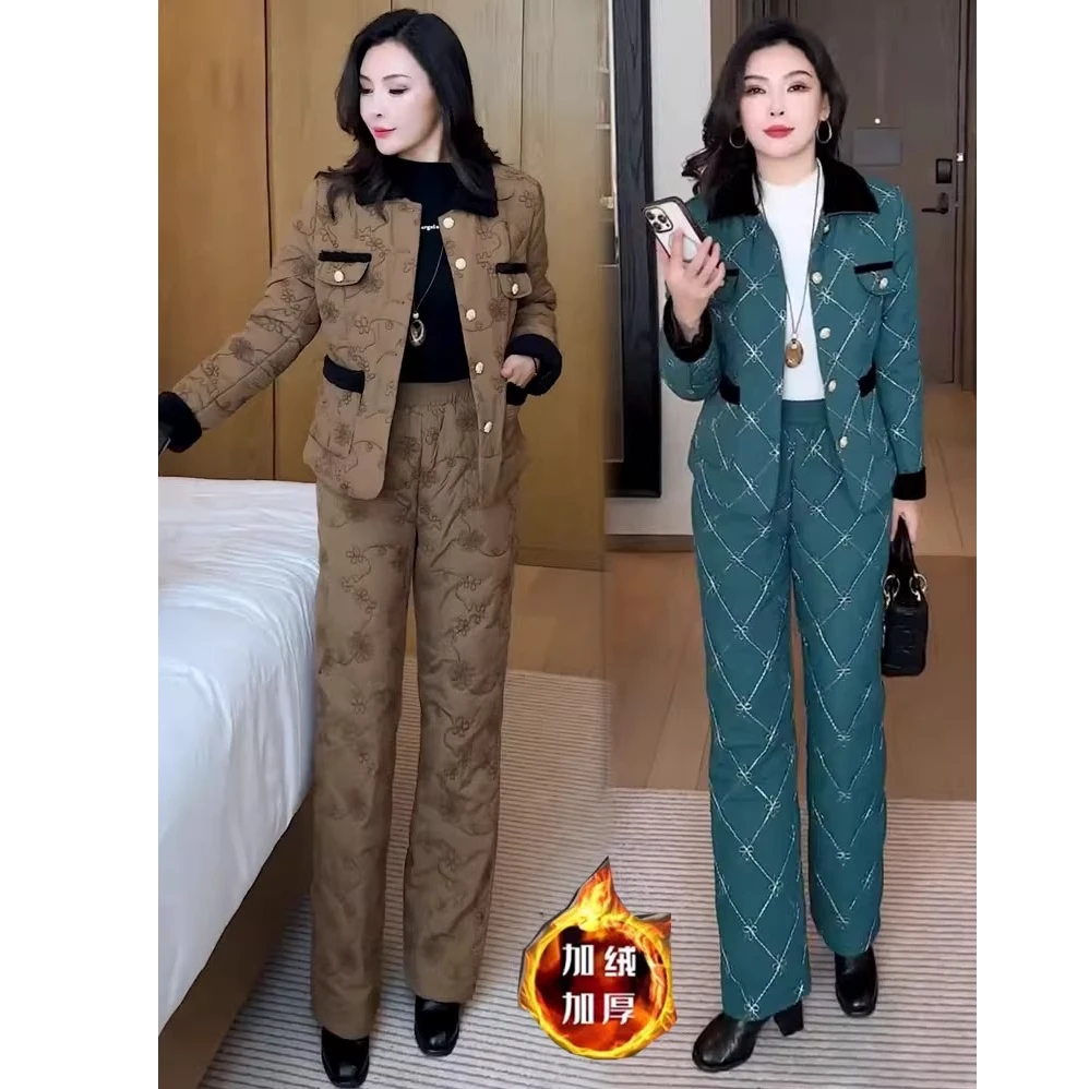 加绒加厚时尚套装女2025冬季新款洋气小香风棉衣外套阔腿裤两件套