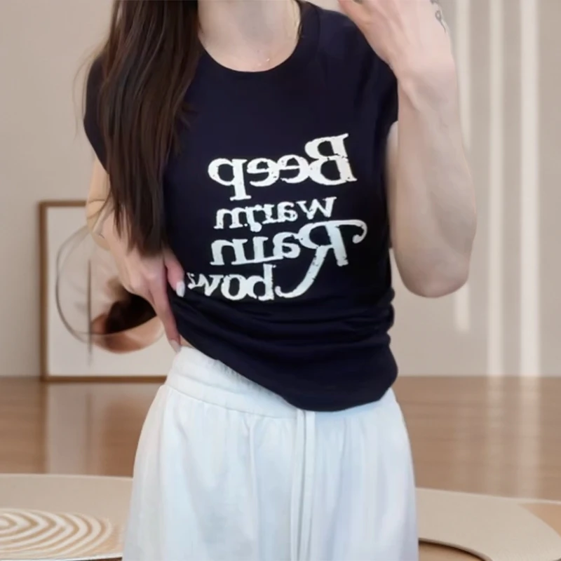 夏季新款修身显瘦圆领字母T恤女夏透气简约休闲百搭短袖韩版