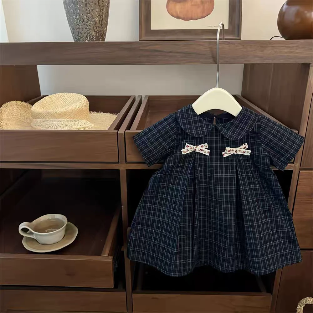 女童春夏季娃娃领连衣裙新款洋气小香风复古格子公主裙潮HBE61025