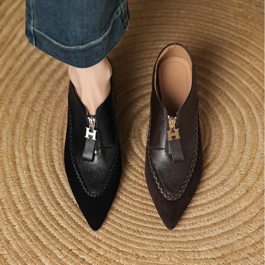 软羊皮法式复古尖头细跟高跟鞋女2025春秋新款真皮单鞋深口小皮鞋