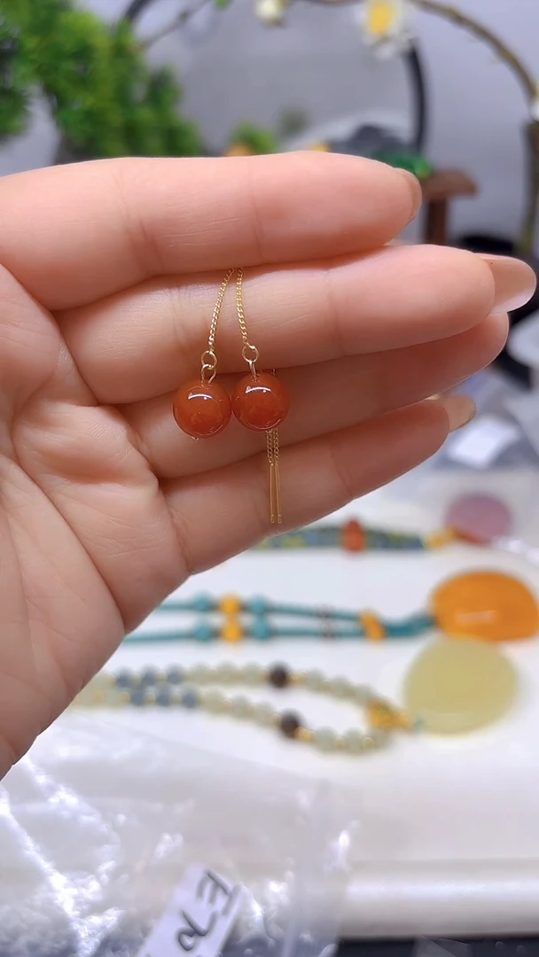 银S925镀金镶嵌南红玛瑙耳饰E707