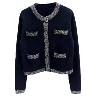 小香风长袖针织时尚女士黑色设计师粗花呢-8566