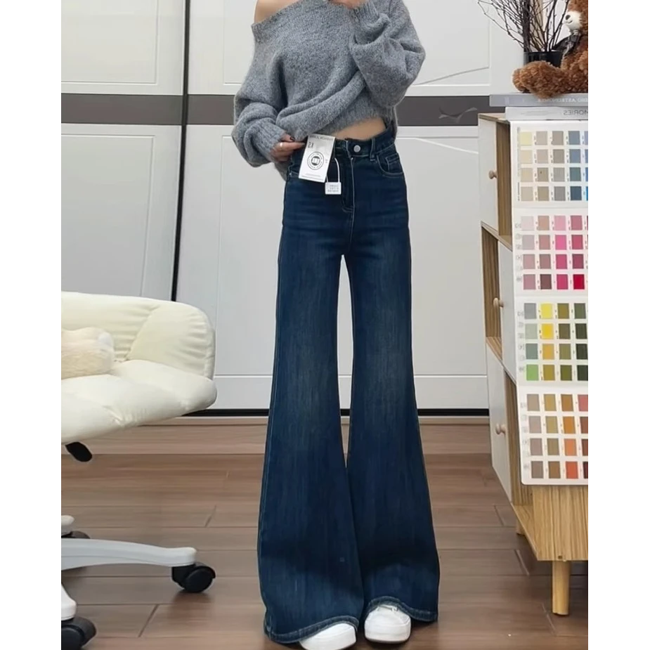 小个子秋冬加绒不贴腿微喇牛仔裤女复古蓝高腰显瘦阔腿垂感拖地裤