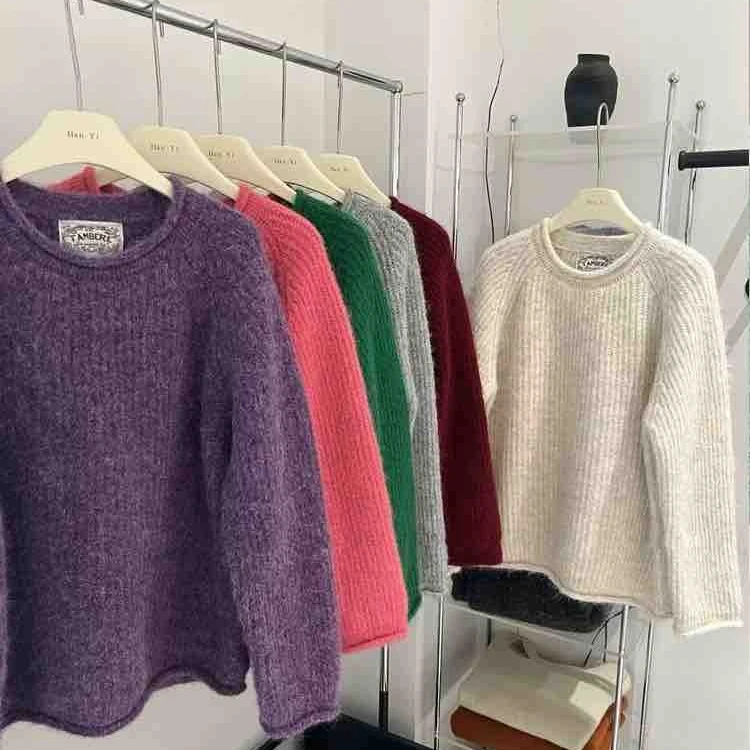 韩系慵懒风软糯圆领卷2025秋冬简约纯色高品毛衣内搭C04