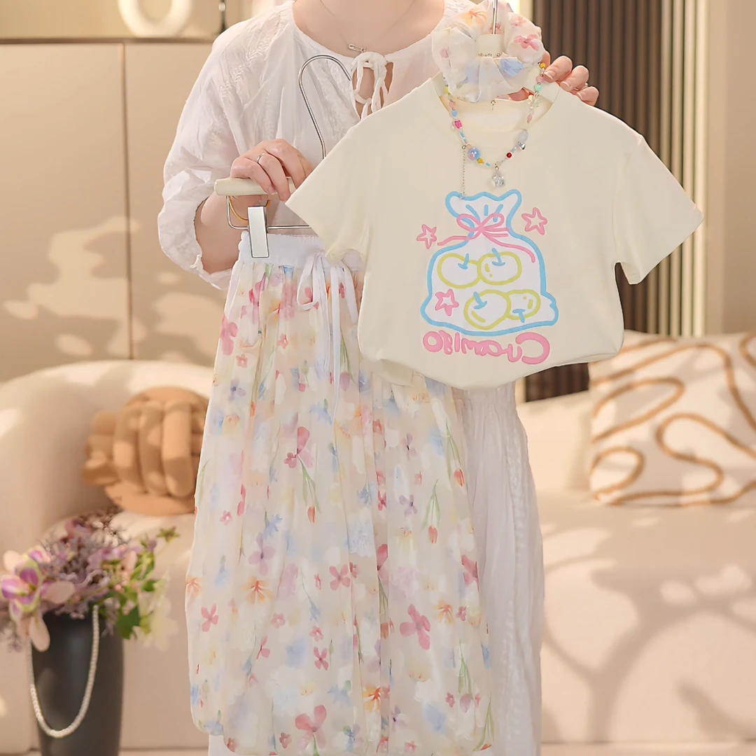 女童2025夏季新款洋气苹果印花短袖碎花花苞裙裤套装YY203