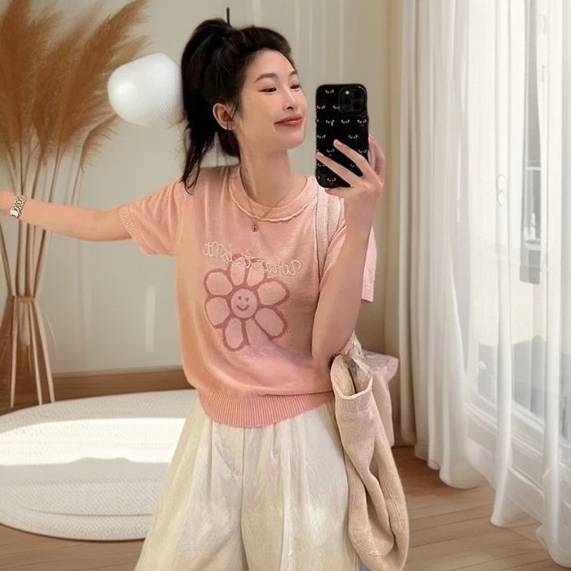 2025新款冰丝针织衫女短袖T恤女设计感小众洋气别致上衣