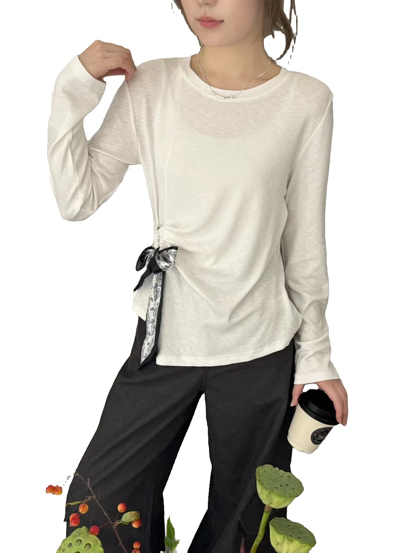 长袖设计感ins休闲风时尚韩版中长款极简风T恤圆领纯欲慵懒风女装