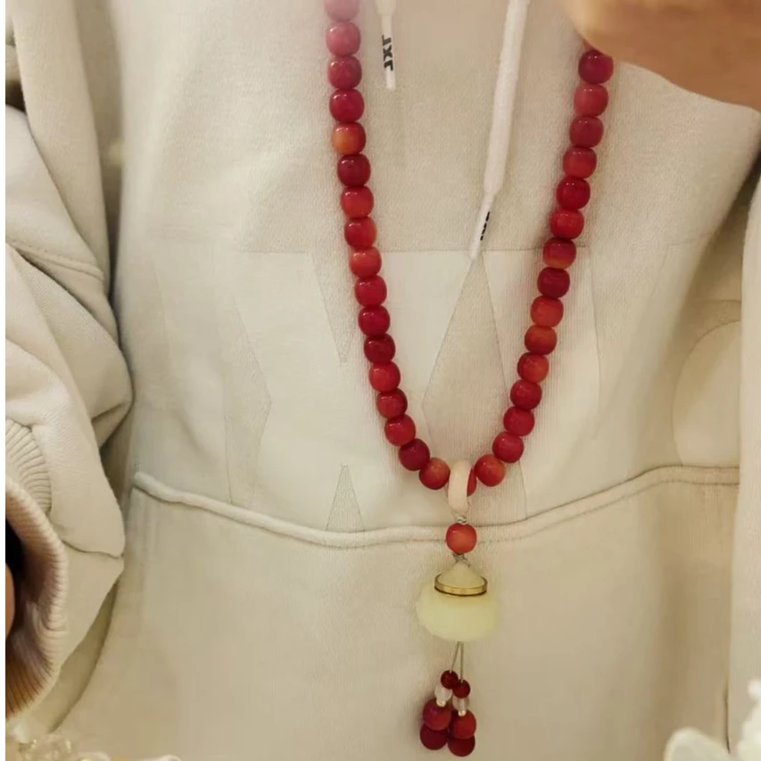 【石榴花开】樱桃红菩提108颗脖挂手串菩提根莲花文玩念珠10mm