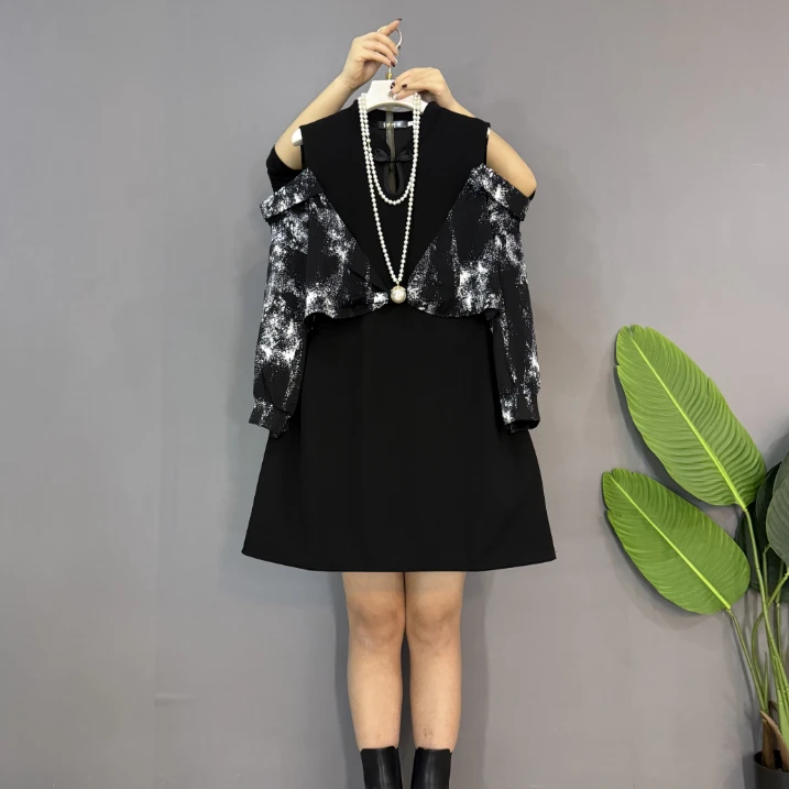 新款大码女装时尚洋气露肩设计拼接显瘦连衣裙