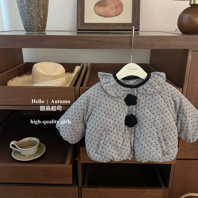 【现】【甜品起司】高定小香风！韩系女宝宝荷叶领碎花洋气棉服外套