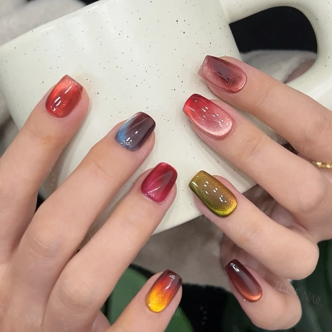TugeNail“水彩画”秋冬水彩晕染猫眼美甲纯手工渐变穿戴甲TGXX