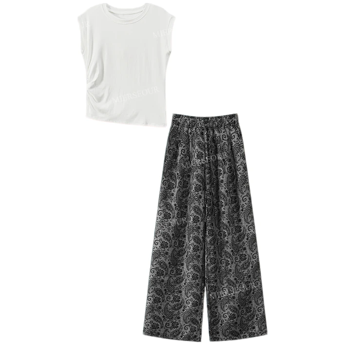 【封后轻奢设计】【雨中巴黎】简约上衣艺术印花阔腿裤休闲套装2735