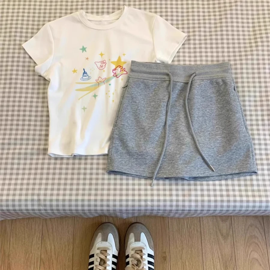女童亲子简约时尚白色短袖T恤2025夏季中大童女孩灰色半身裙套装