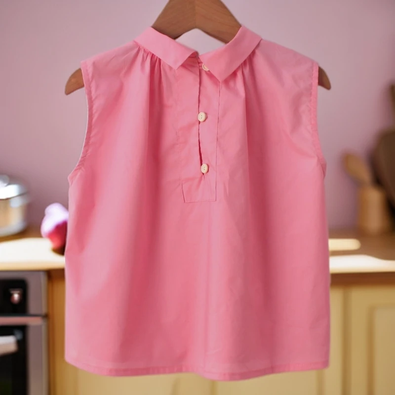 女童纯棉设计感无袖娃娃衫女背心夏季新款韩系休闲小衫粉色上衣