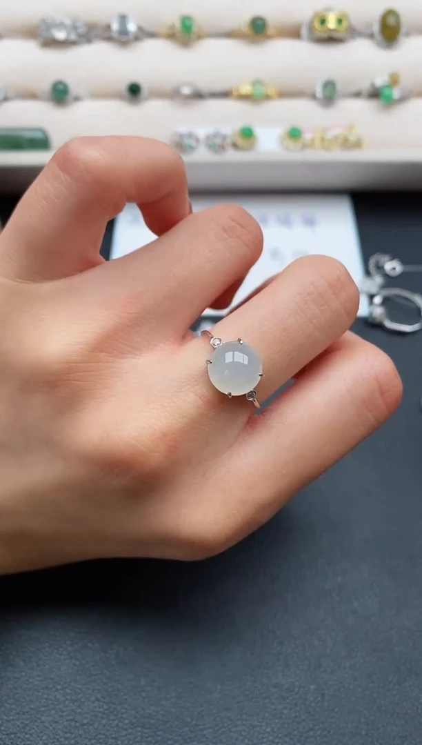 银S925镶嵌戒指翡翠缅甸天然A货翡翠11  5-6