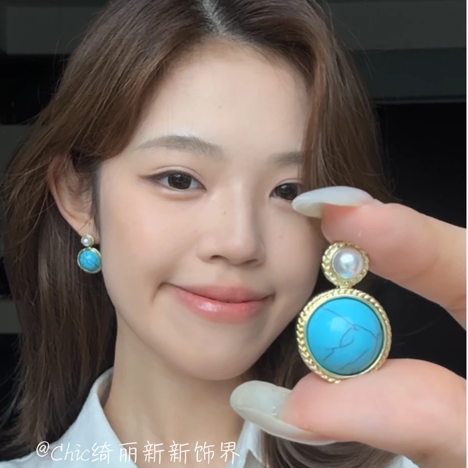 合金仿珍珠耳饰 复古圆形蓝色宝石耳环气质民族风珍珠耳钉轻奢