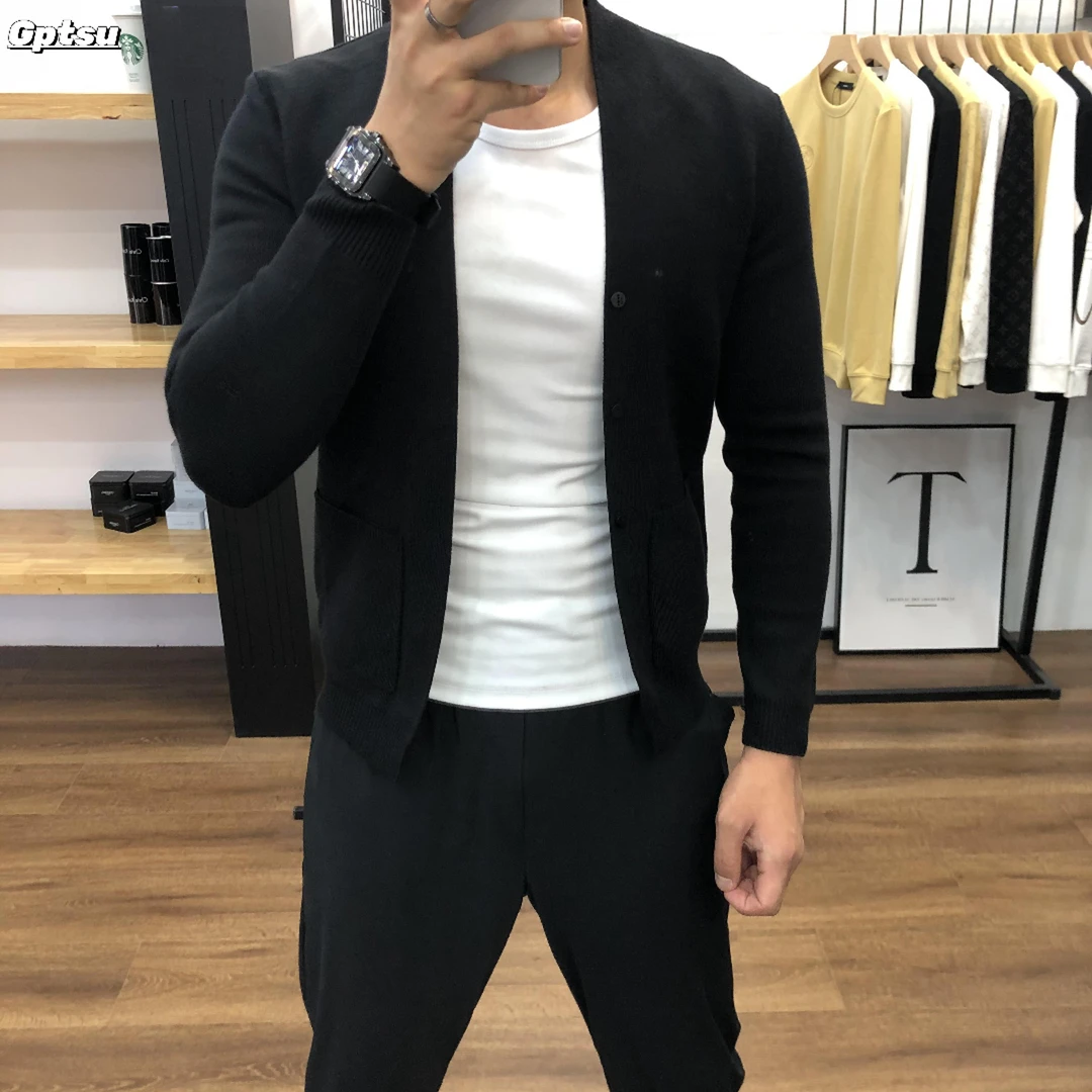 GPTSu春秋商务休闲男士开衫外套毛衣时尚百搭修身男潮流黑色毛衣