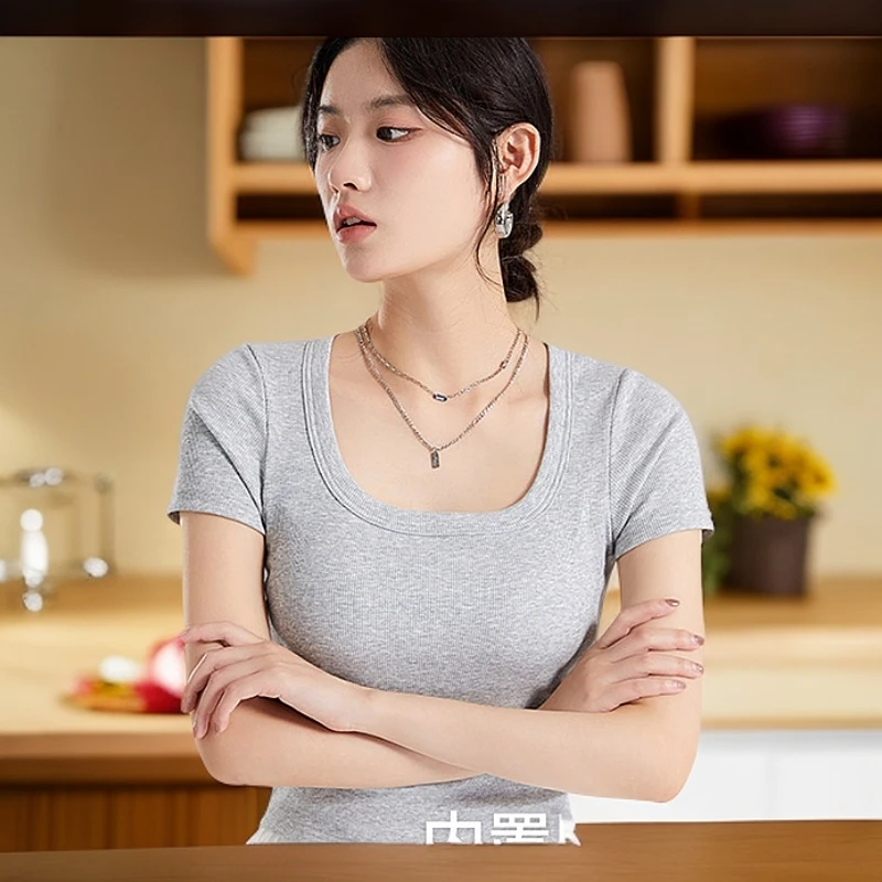 夏季露脐短袖t恤女短款辣妹上衣个性方领带胸垫防晒衣内搭打底衫