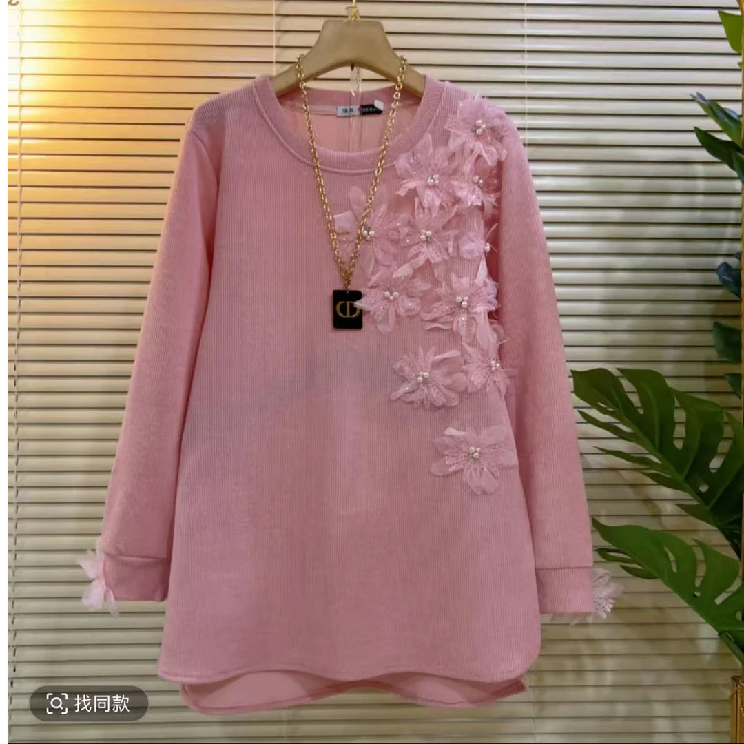 秋季新款欧洲站重工设计纯色洋气百搭显瘦遮肉中长款花朵大衫