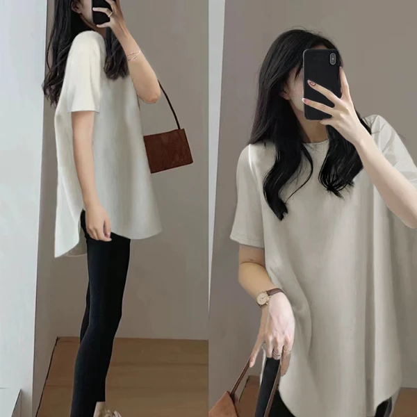 婳娇白色小众打底衫女装2025新款夏季宽松不规则下摆短柚t恤上衣