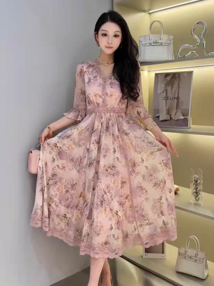 6042印花V领显瘦连衣裙